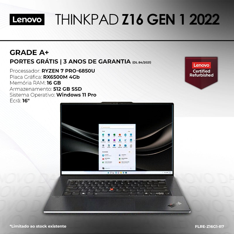 Lenovo Z16 Gen 1 2022 Ryzen 7 Pro-6850U 16Gb 512Gb SSD RX6500M 4Gb 16′′ Win11Pro | Grade A+