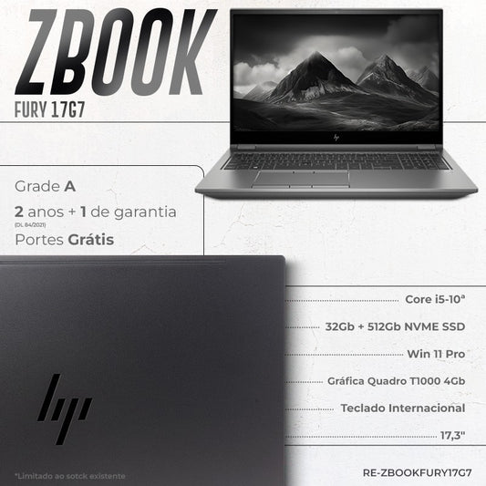 HP ZBook Fury 17G7 Core i5-10aGen 32Gb 512Gb SSD NVME Quadro T1000 4Gb 17.3′′ Win11Pro